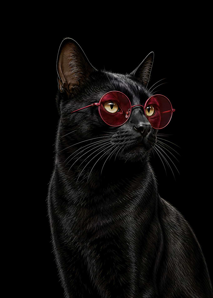 Black Cat Wearing Red Round Sunglasses