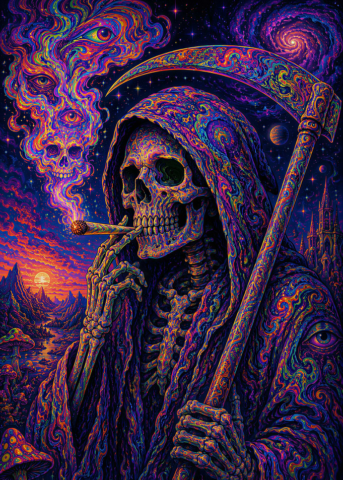 Psychedelic Grim Reaper Smoking A Joint