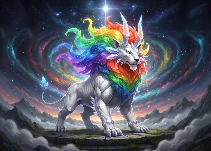 Rainbow Mane Lion in Cosmic Landscape