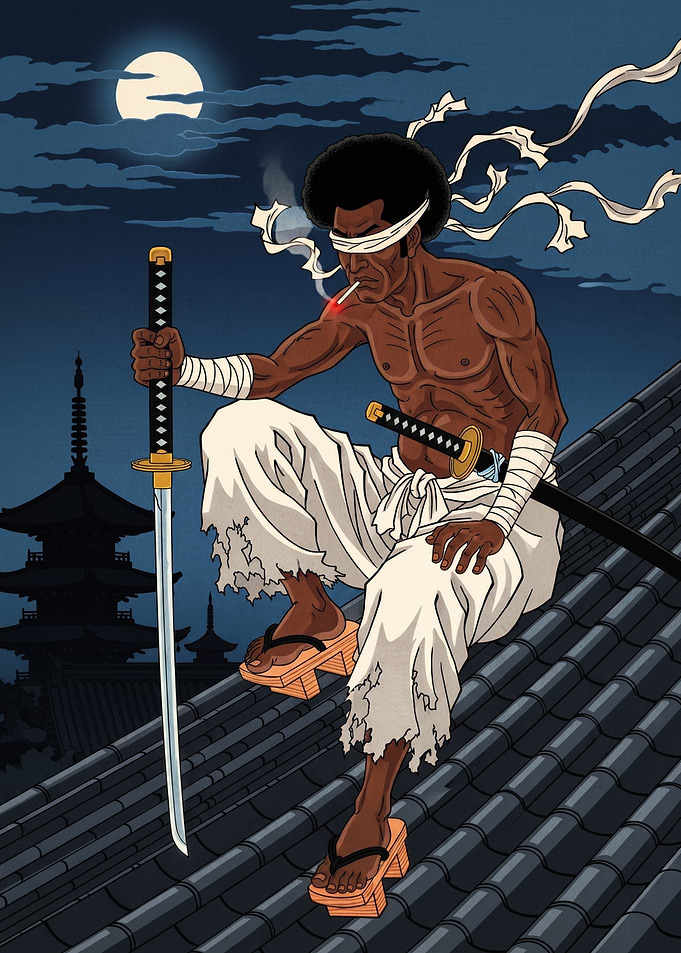 Samurai Warrior Smoking on Rooftop