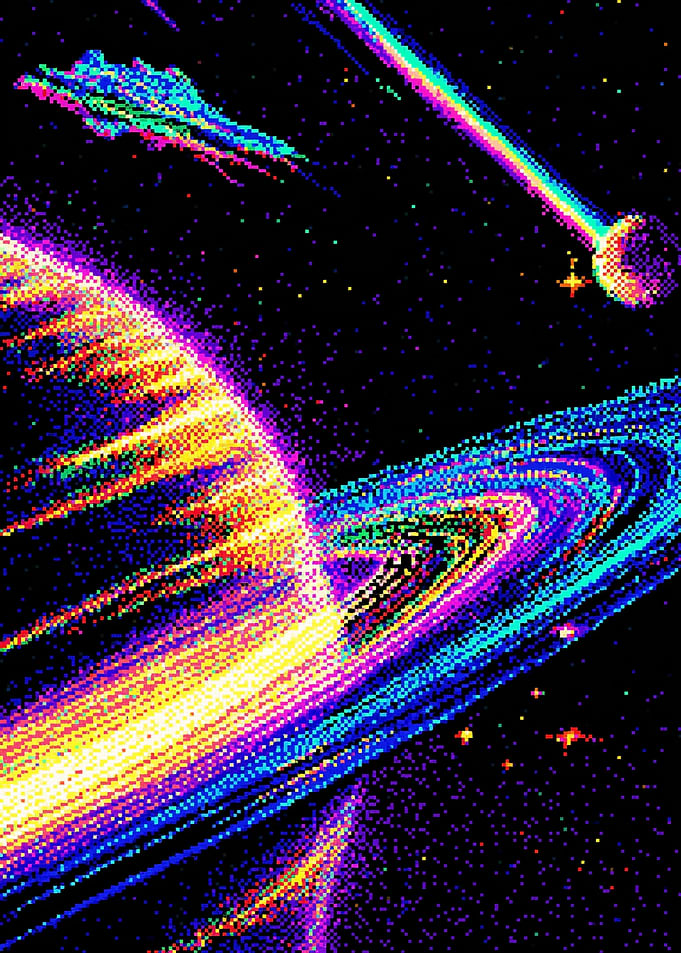 Retro Space Scene with Planet and Rings