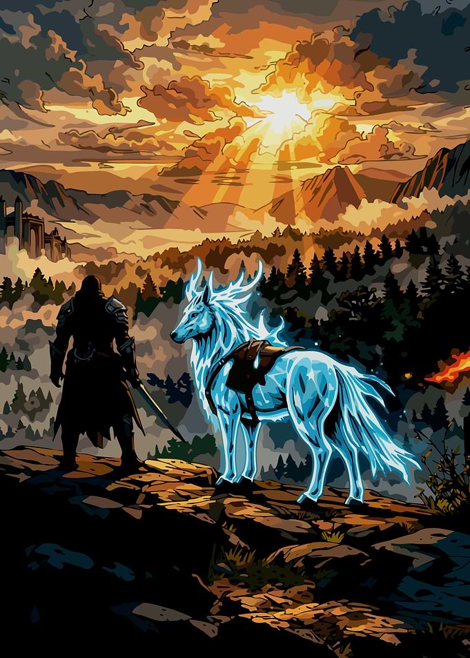 Warrior and Spirit Horse at Sunrise