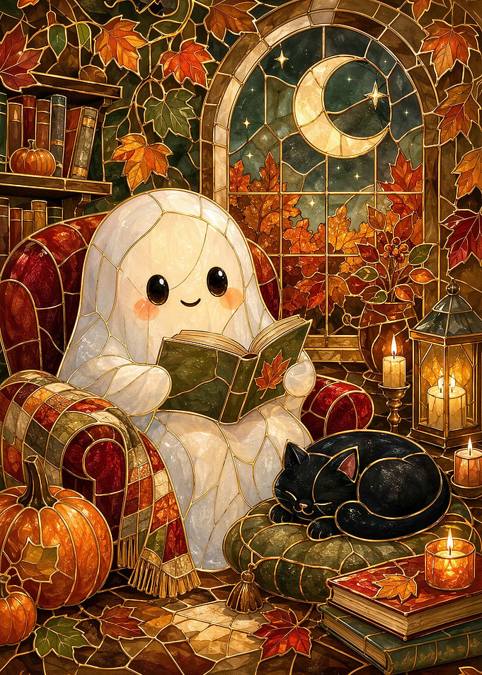 Stained Glass Cozy Ghost and Black Cat