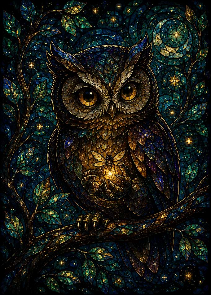 Stained Glass Owl with Firefly