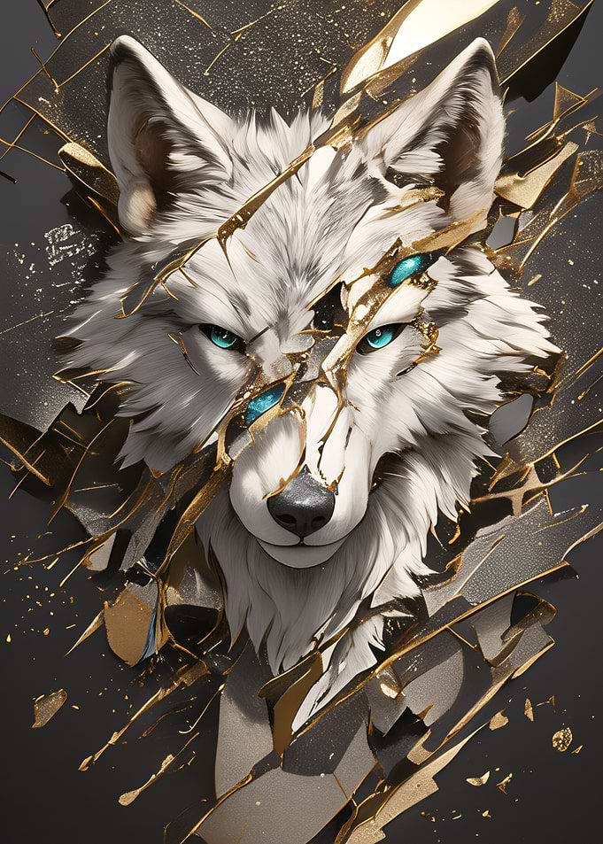 Abstract Wolf with Gold and Blue Accents