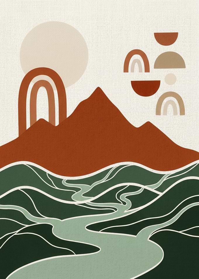 Boho Landscape with Mountains and River