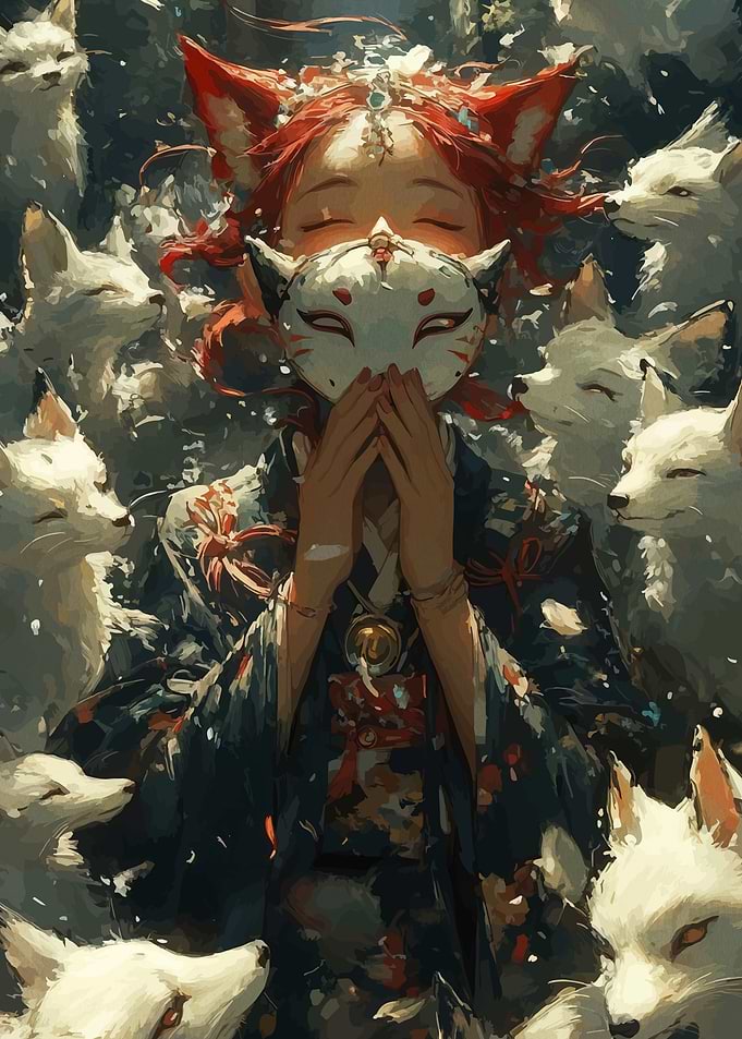 Kitsune Girl with Mask and Foxes