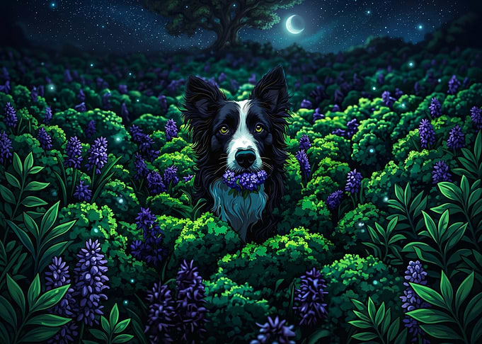 Border Collie in a Lavender Field at Night