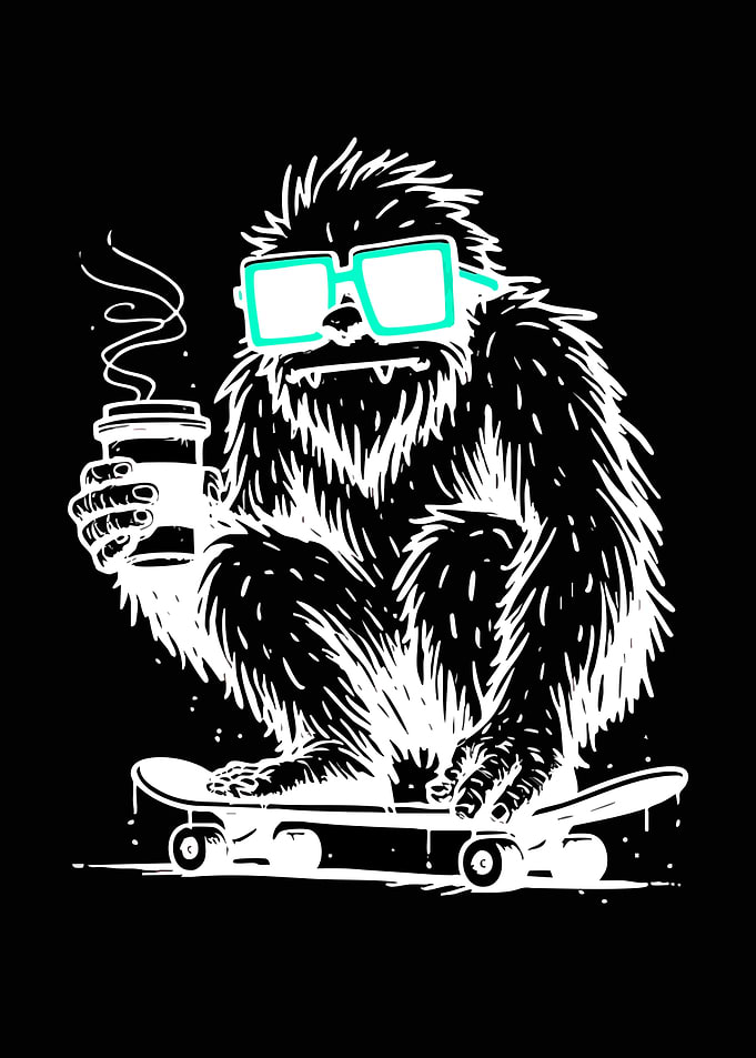 Bigfoot with Coffee on Skateboard