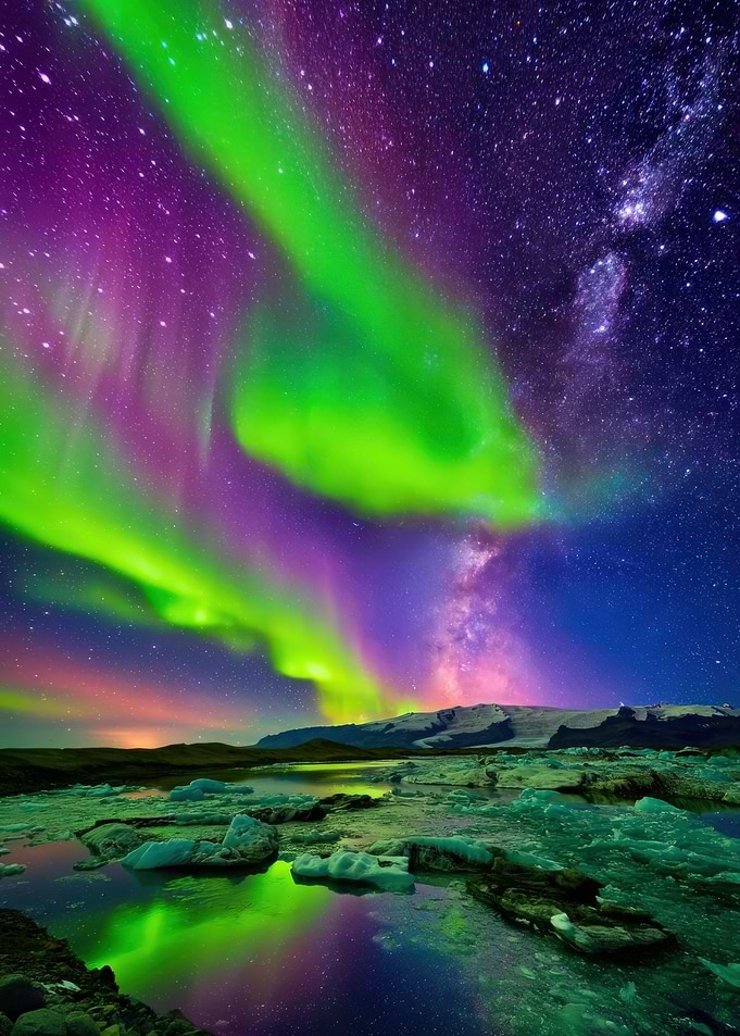 Aurora Borealis over glacial lagoon
