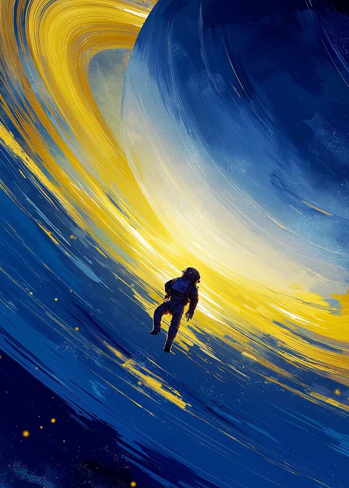 Astronaut floating in space near Saturn