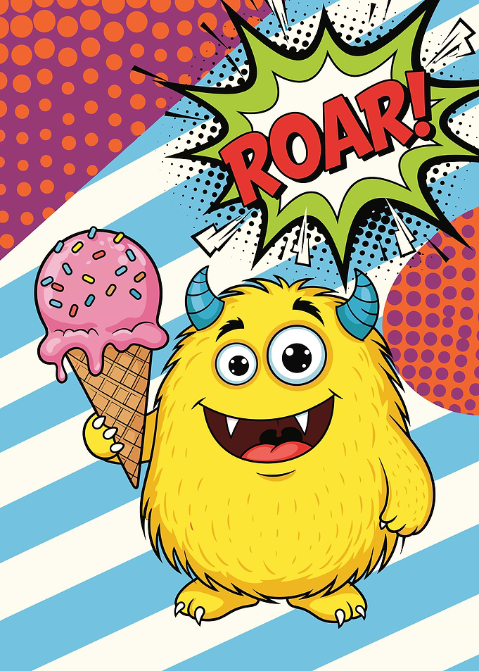 Monster with Ice Cream and Roar Bubble