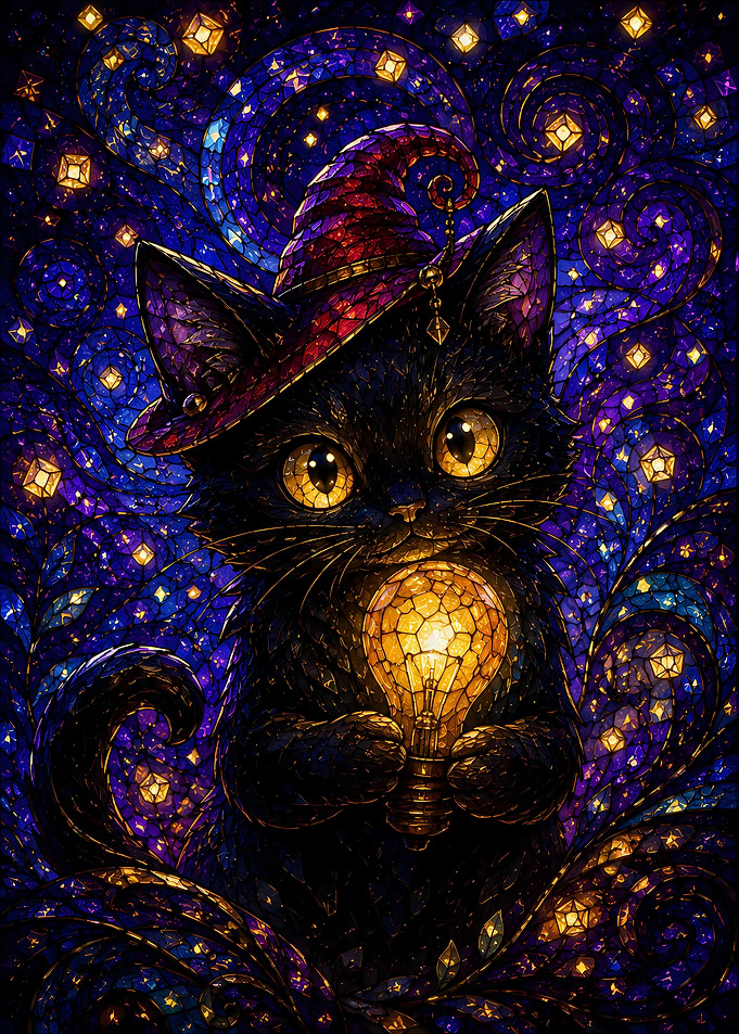 Black Cat Witch Holding Light Bulb
