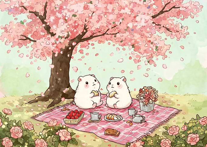 Cute Hamsters Having a Picnic Under Cherry Blossoms