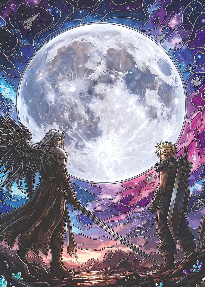 Cloud and Sephiroth under the Moon