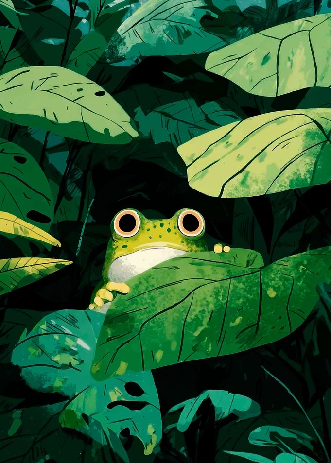 Cute frog peeking from behind leaves