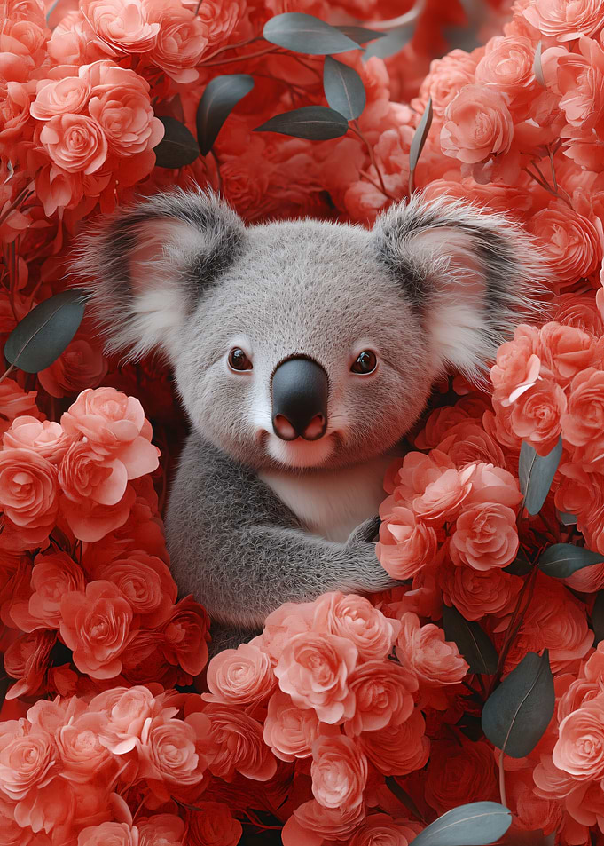 Cute Koala Among Coral Roses