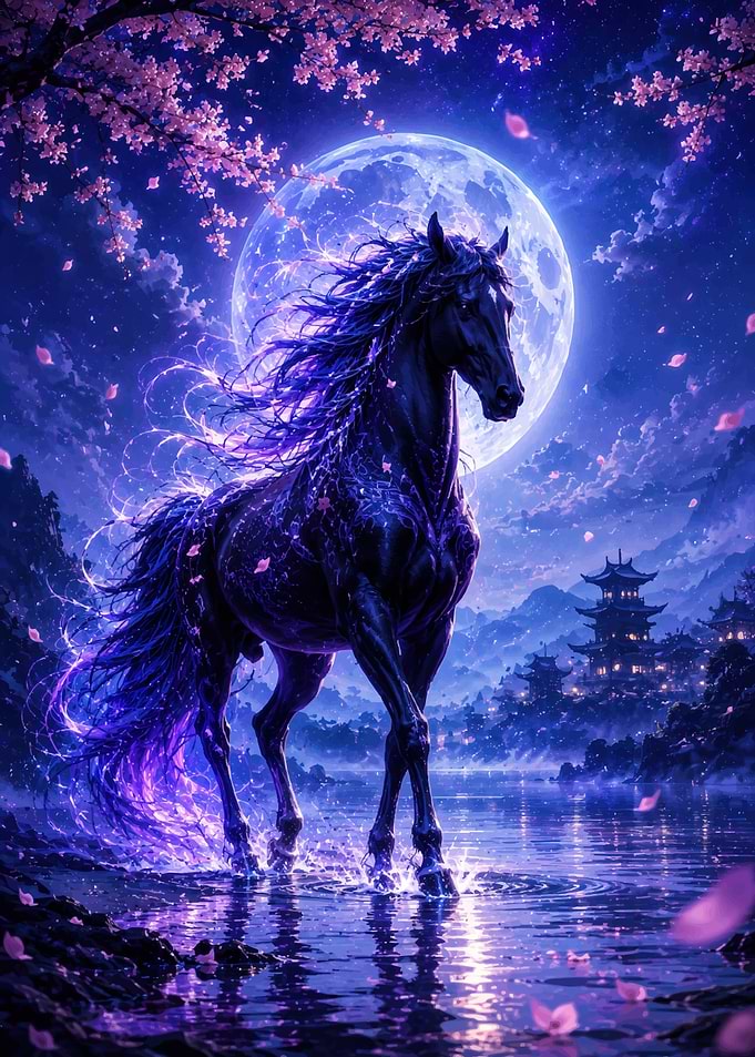 Magical Black Horse Under the Moon