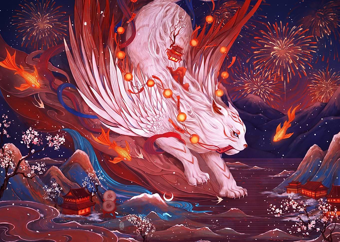 Mythical White Tiger with Koi and Fireworks
