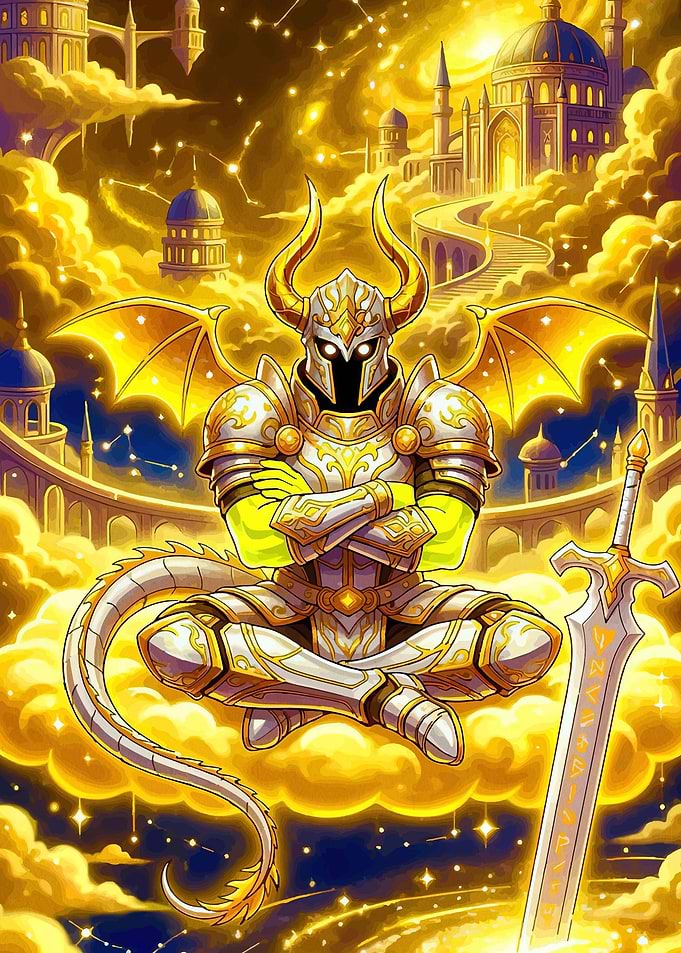 Golden Dragon Knight Meditating in Celestial City
