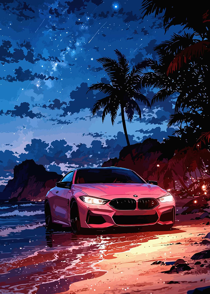 BMW on a Tropical Beach at Night
