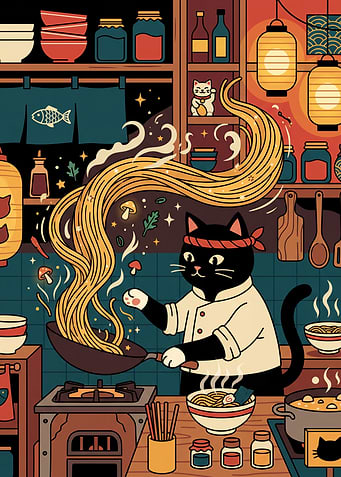 Chef Cat Cooking Noodles