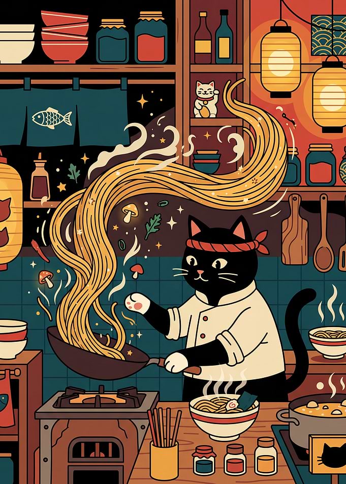 Chef Cat Cooking Noodles