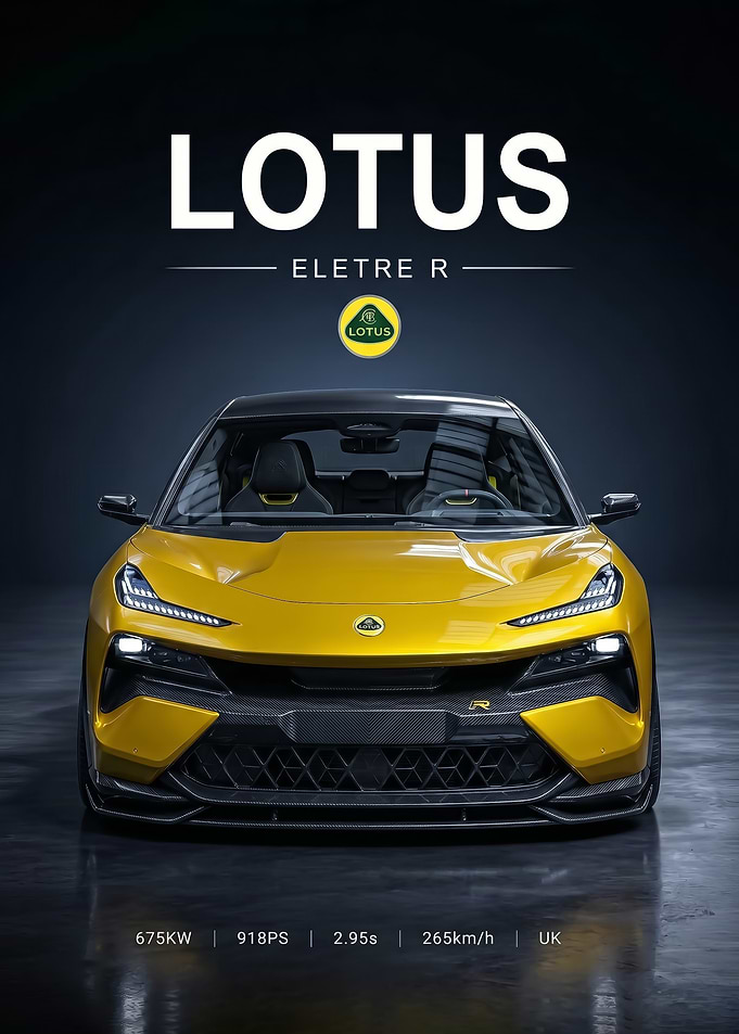 sleek yellow Lotus Eletre R Electric SUV car poster