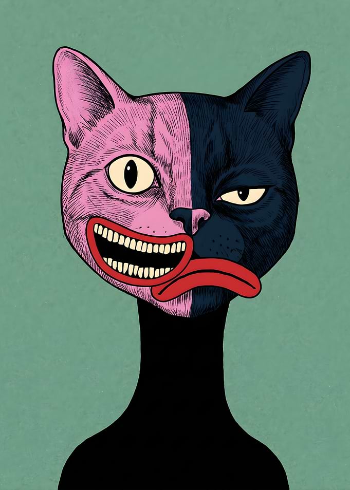 Split Face Cat with Wide Grin