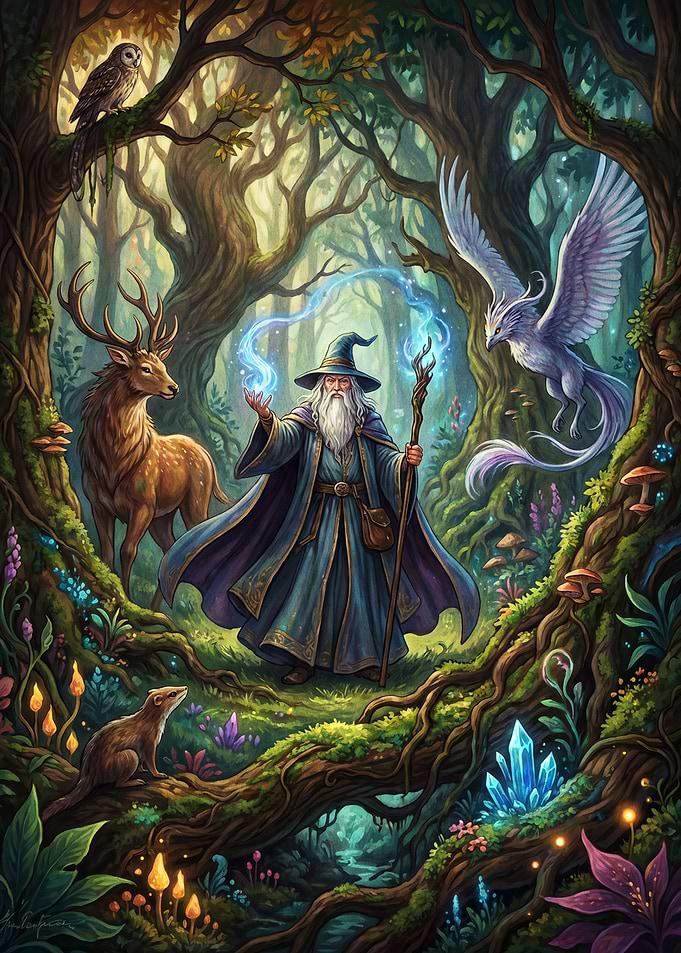 Wizard casting magic in a mystical forest