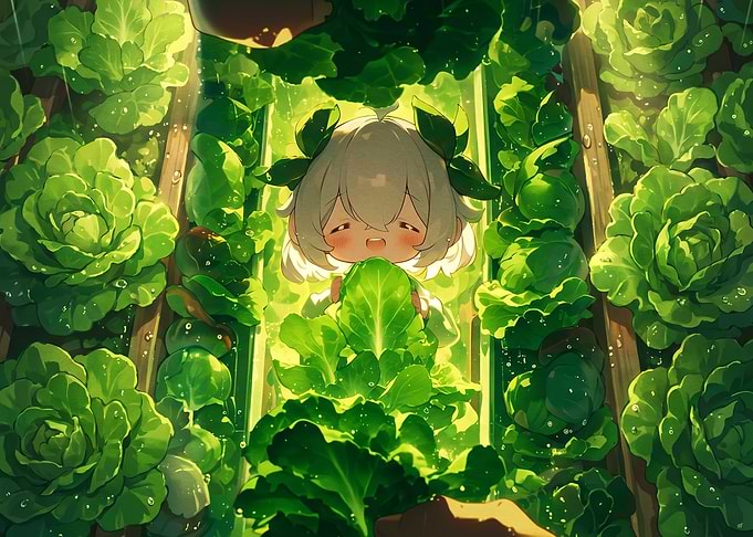 Cute character in a lettuce garden