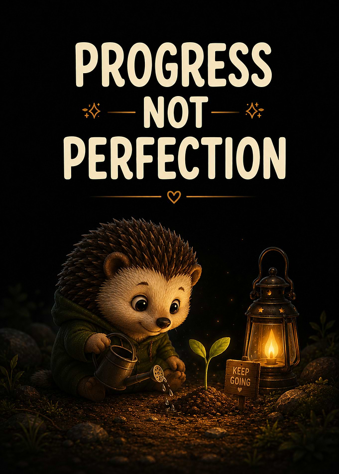 Cute Hedgehog Watering a Plant - Progress Not Perfection