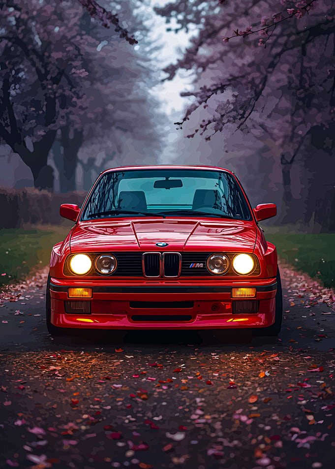 Red BMW M3 E30 on a Leafy Road