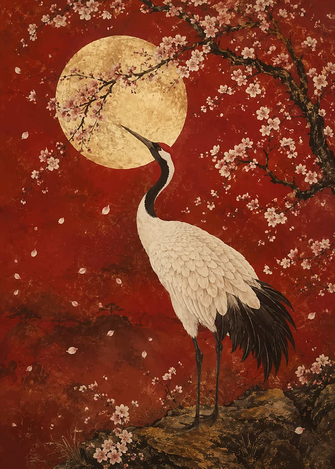 Crane and Cherry Blossoms Under the Moon