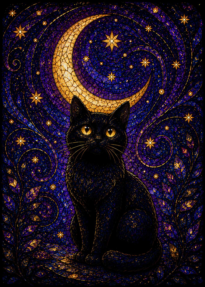 Black Cat Under a Crescent Moon