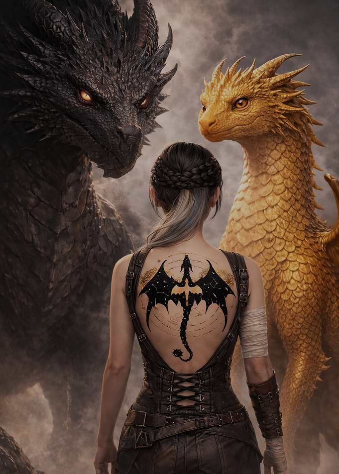 Woman with Dragon Tattoo and Dragons