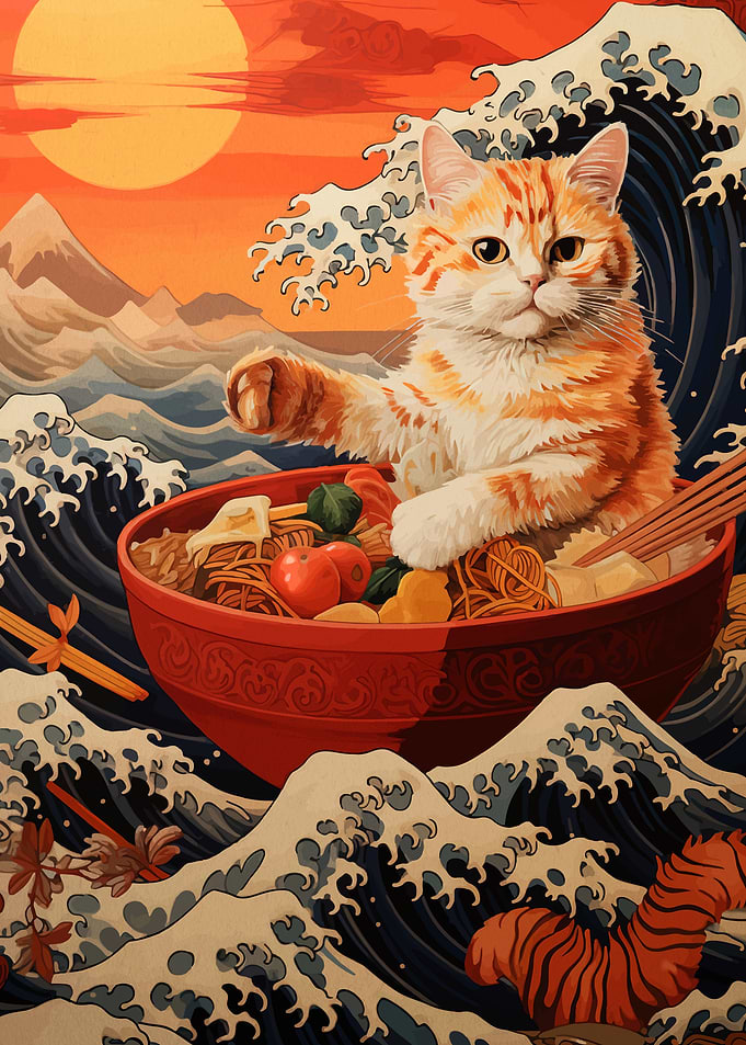 Cat in a Ramen Bowl Amidst Waves