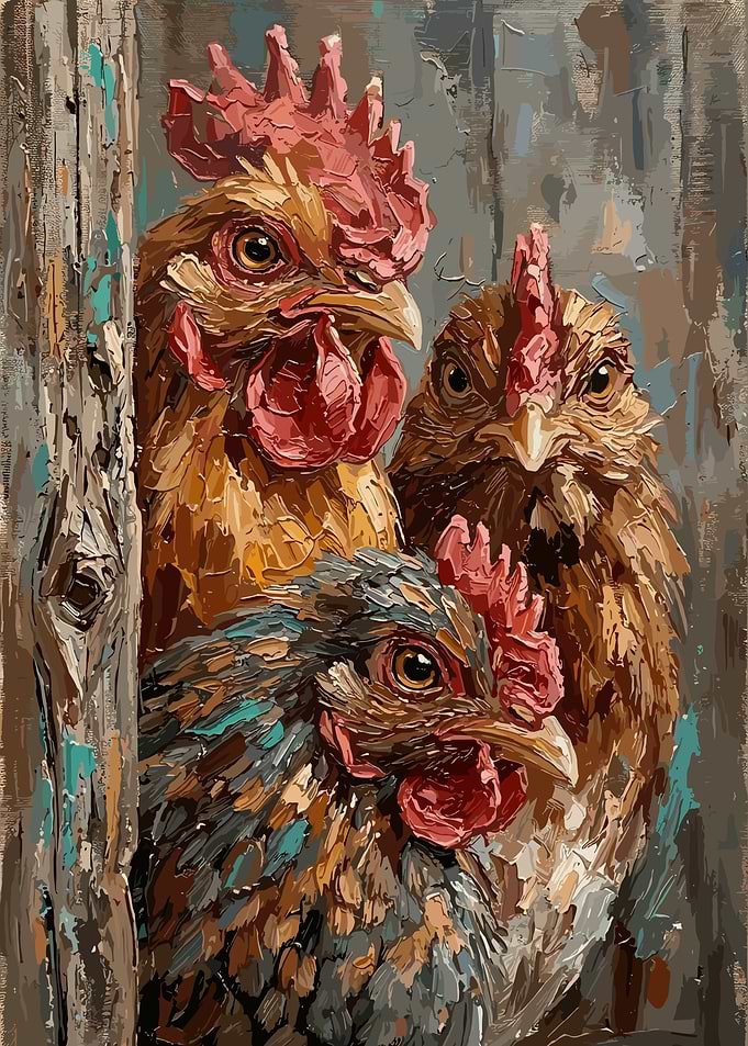 Three Chickens on a Wooden Background