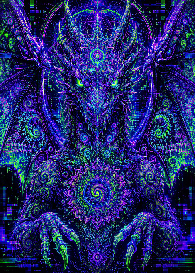 Psychedelic Fractal Mandala Dragon Glitch Art