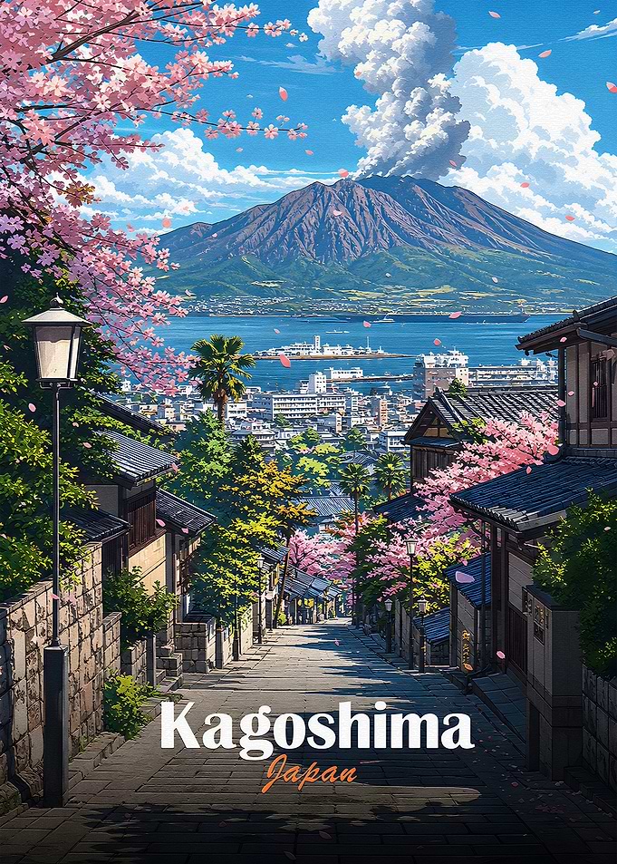Kagoshima Japan Cherry Blossoms and Volcano
