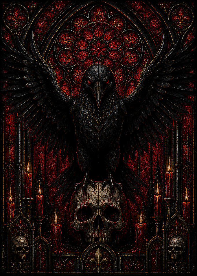 Gothic Crow on Skull with Candles