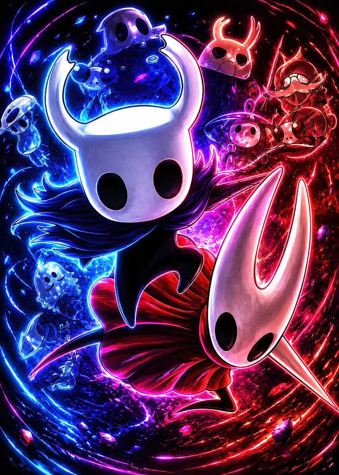 Hollow Knight Characters in Neon Aura