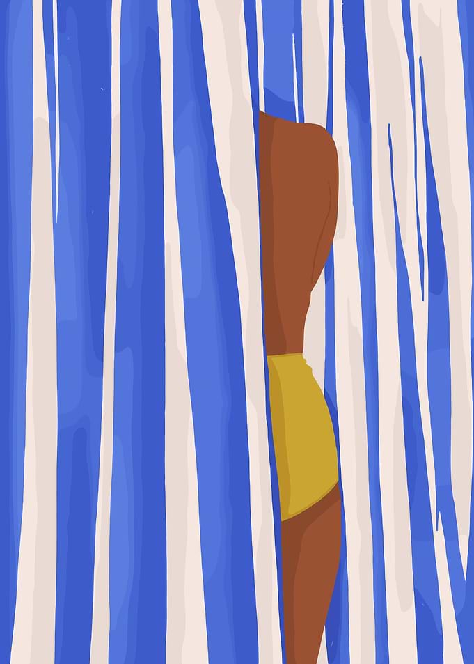 Woman in yellow bikini behind blue and white stripes