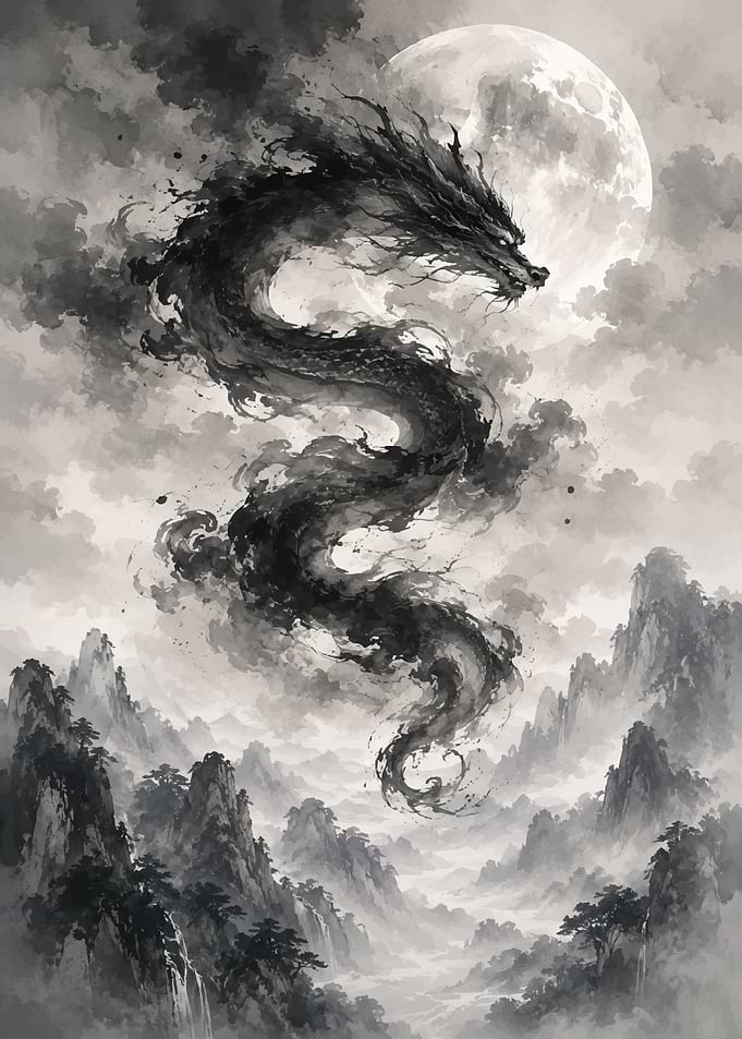Ink Dragon Ascending in Misty Mountains