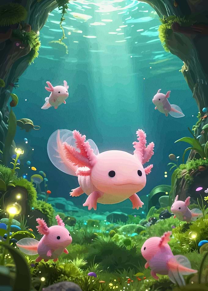 Cute Axolotls in Underwater Garden