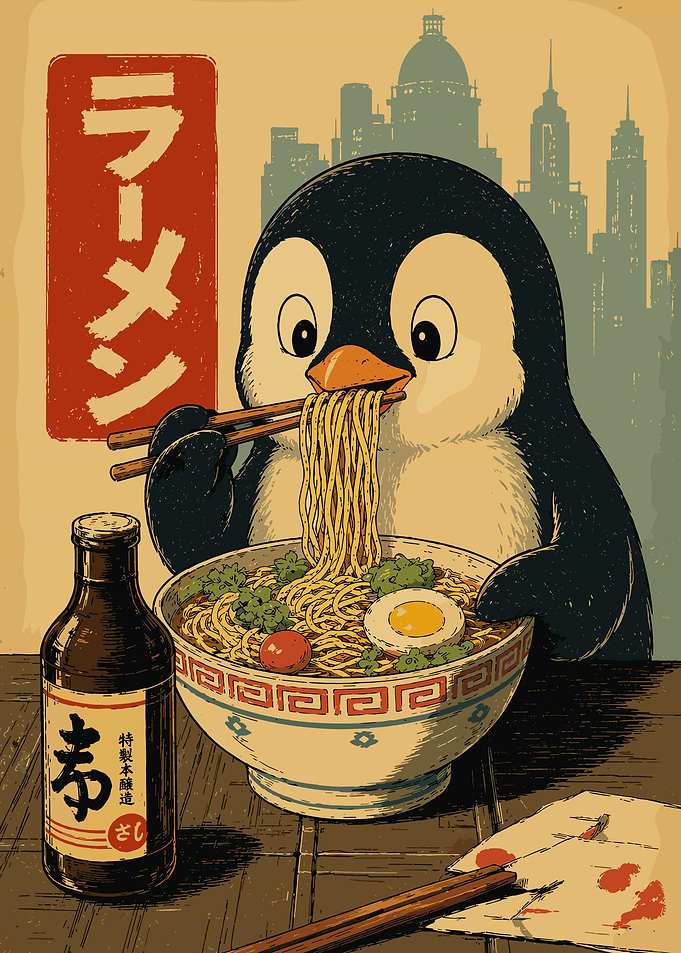 Cute Penguin Ramen Poster Kawaii Japanese Food Wall Art Illustration