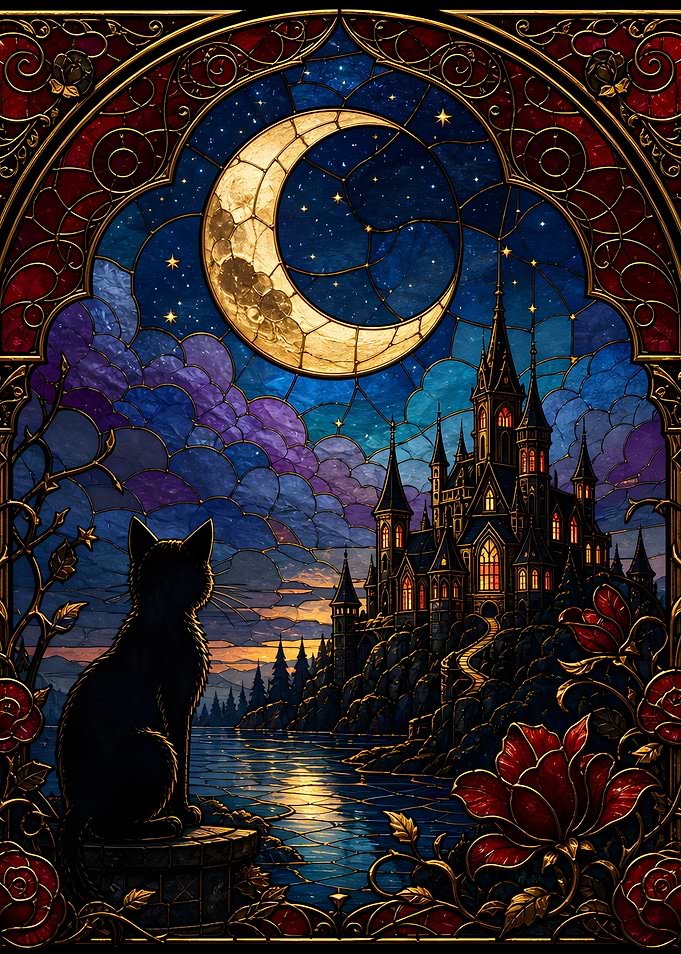 Gothic Castle and Black Cat Stained Glass