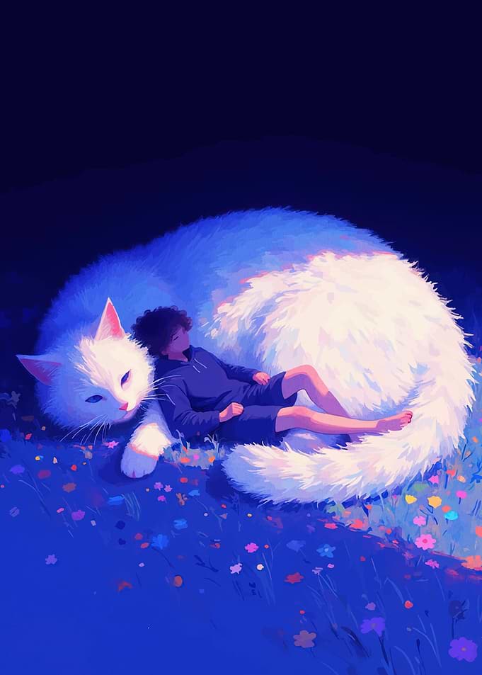 Boy Resting on a Giant Cat