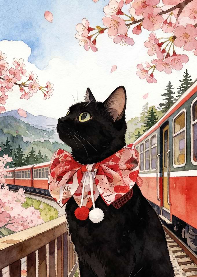 Black Cat with Cherry Blossoms and Train