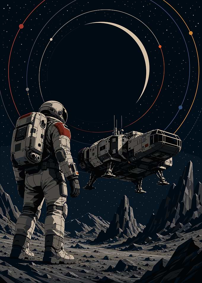 Astronaut on alien planet with spaceship